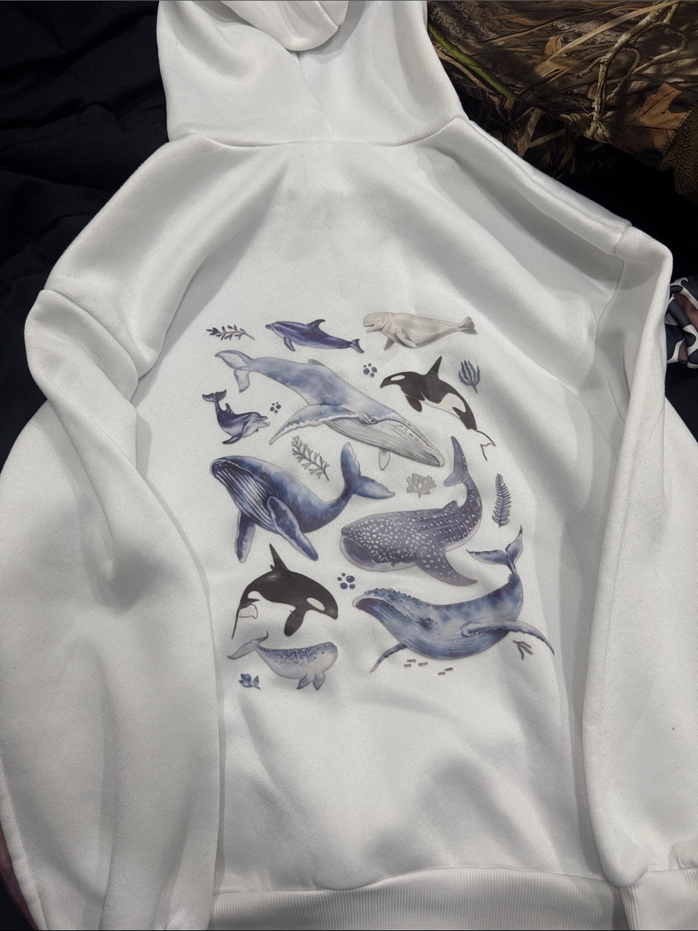 White Hoodie with Blue Whale & Orca Ocean Print
